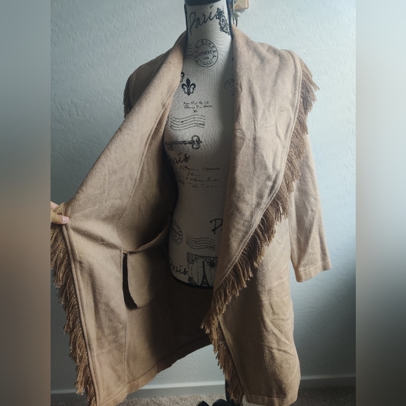 🆕 BB Dakota Steve Madden Beige Tan Suede Western Fringed Trenchcoat Jacket_XS - Picture 7 of 10